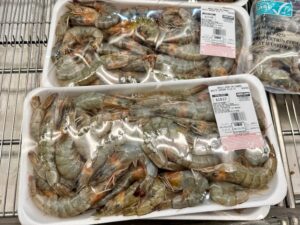 Farmed White Head On Shrimp On Display At A Costco