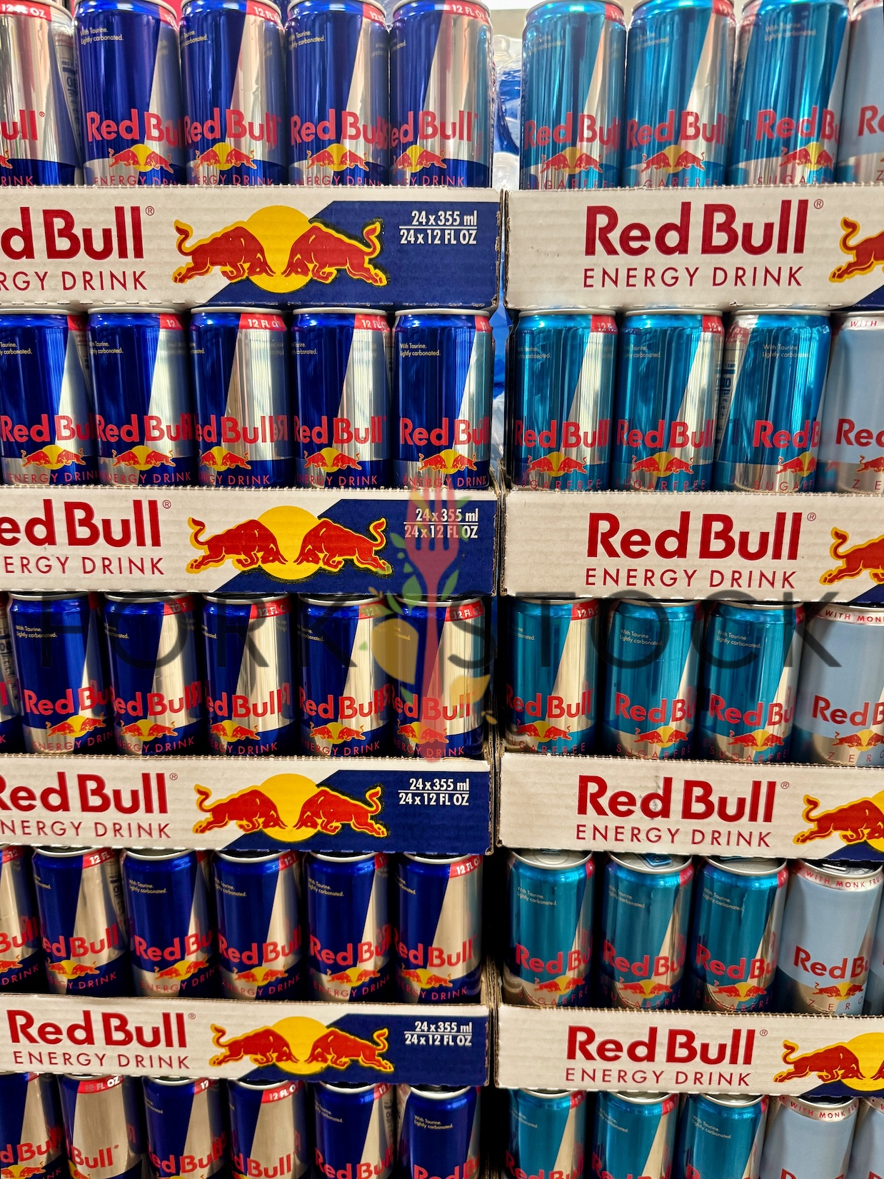 Redbull Energy Drink Regular Sugar Free Cans Stacked